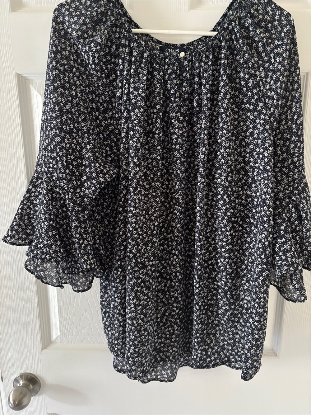 Chaps Navy and White Floral Ruffle-Sleeve Blouse